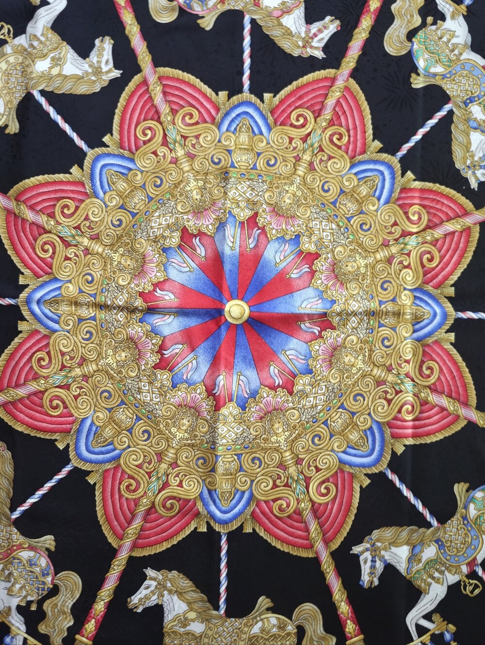 Hermes MINT Luna Park Silk Scarf 90cm/ 35" Black Carousel Horses Gold Pink Blue - Picture 9 of 17